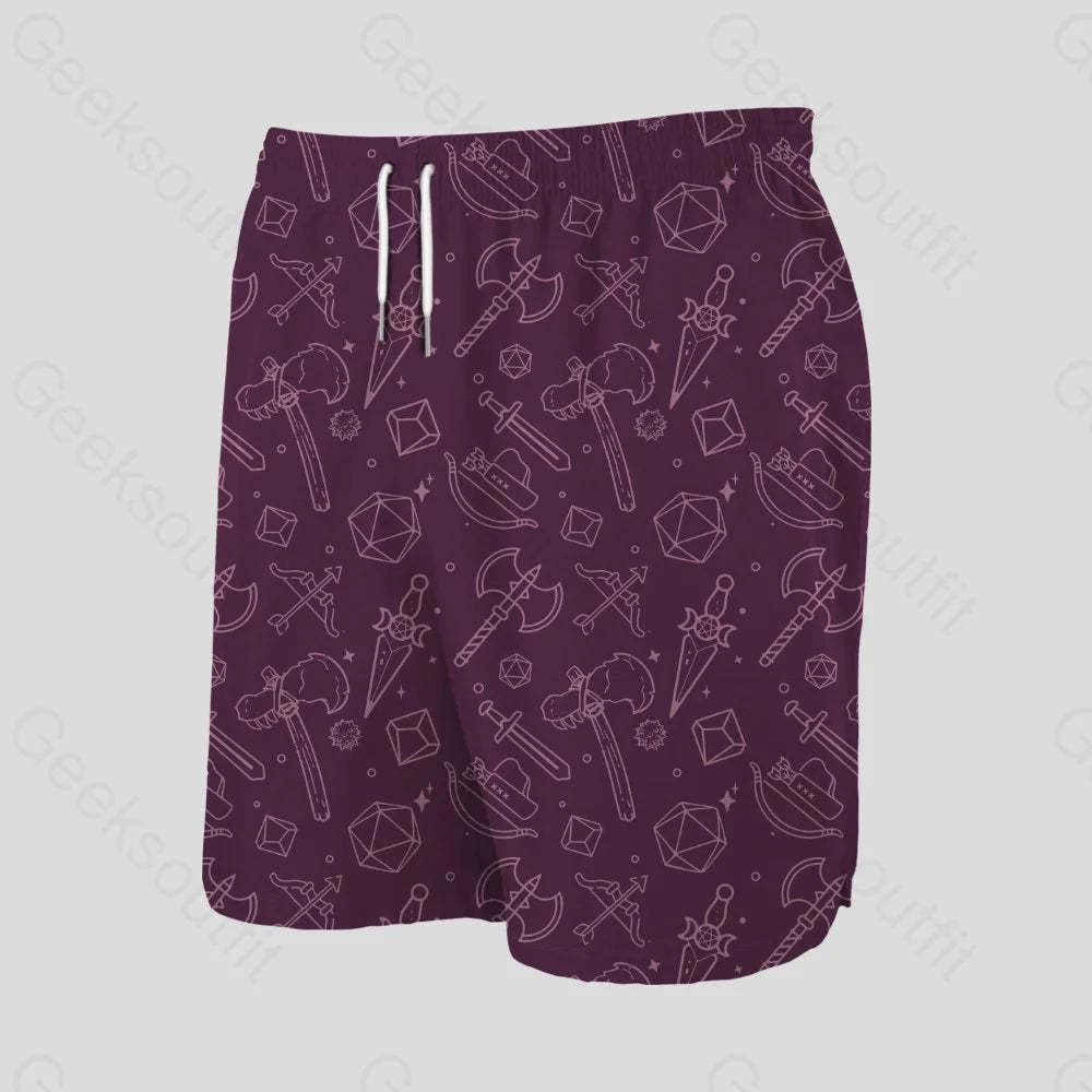 DND Medieval Weapons Wine Red Geeky Drawstring Shorts - Geeksoutfit