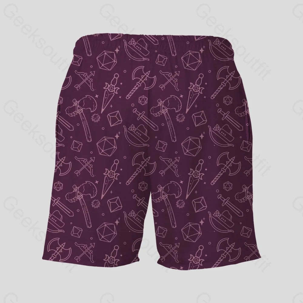 DND Medieval Weapons Wine Red Geeky Drawstring Shorts - Geeksoutfit