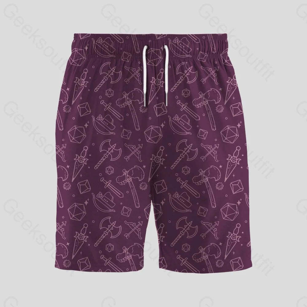DND Medieval Weapons Wine Red Geeky Drawstring Shorts - Geeksoutfit