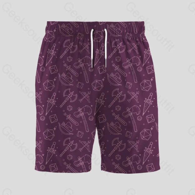 DND Medieval Weapons Wine Red Geeky Drawstring Shorts - Geeksoutfit