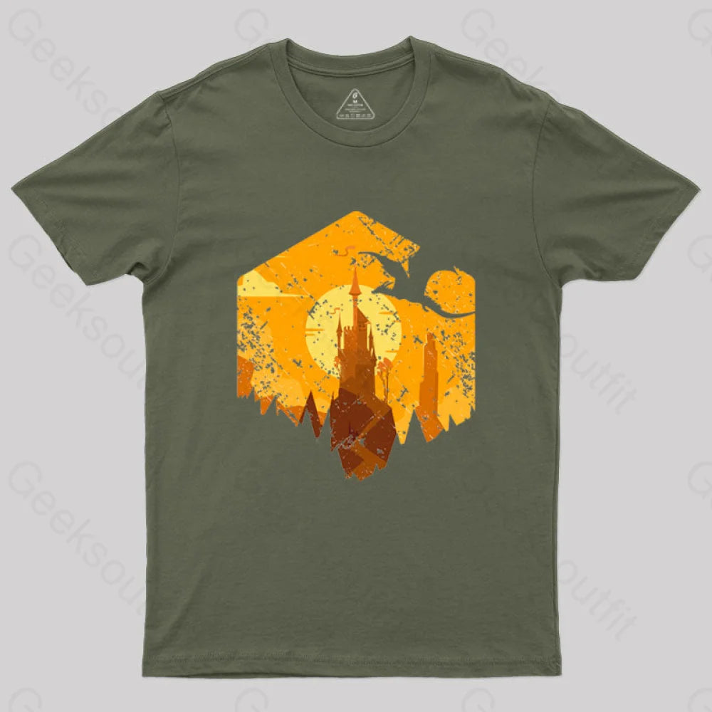Dragon Flying Over Tall Castle Sunset T-Shirt Army Green / S