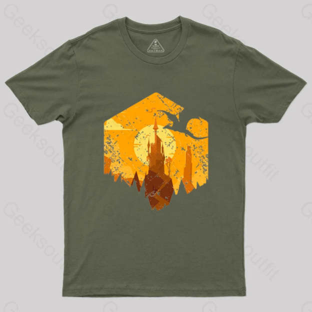 Dragon Flying Over Tall Castle Sunset T-Shirt Army Green / S