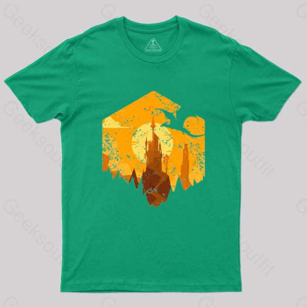 Dragon Flying Over Tall Castle Sunset T-Shirt Green / S