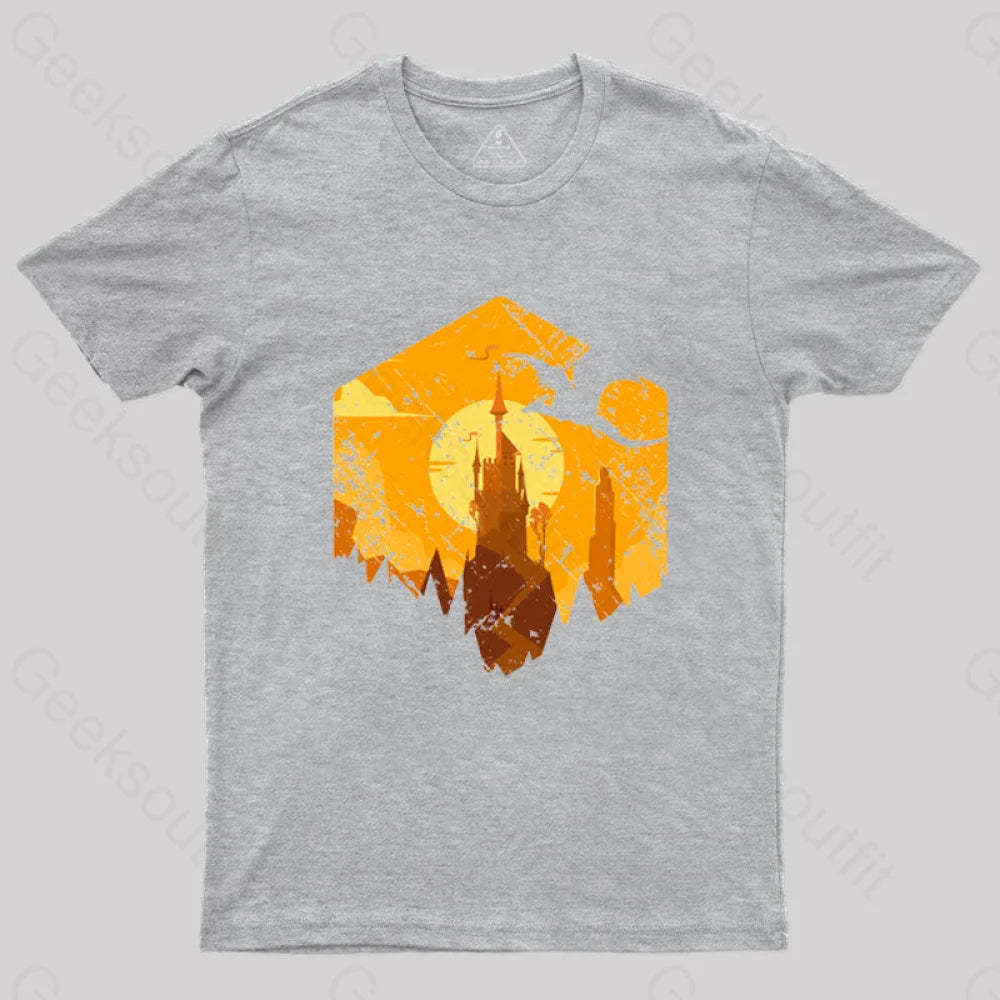 Dragon Flying Over Tall Castle Sunset T-Shirt Grey / S