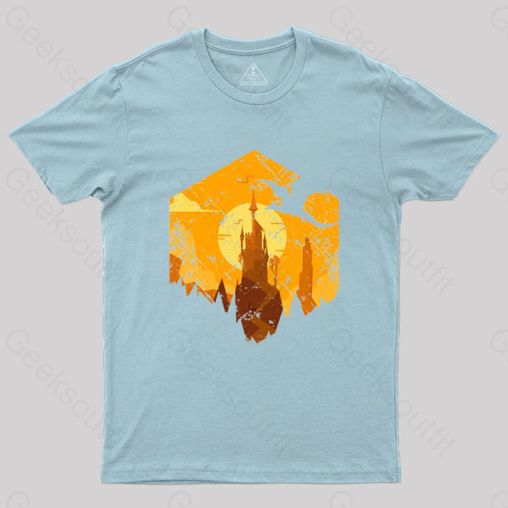 Dragon Flying Over Tall Castle Sunset T-Shirt Light Blue / S