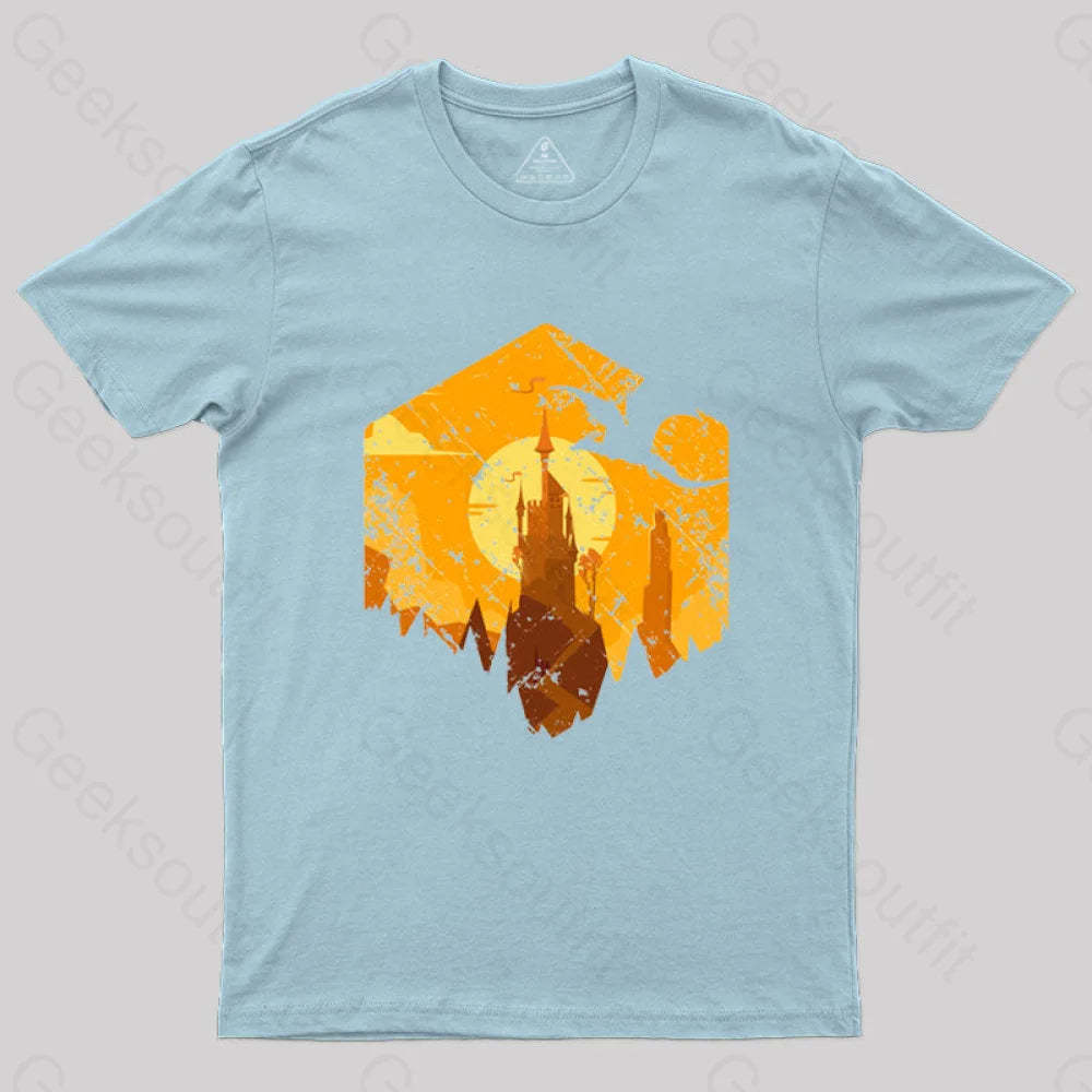 Dragon Flying Over Tall Castle Sunset T-Shirt Light Blue / S