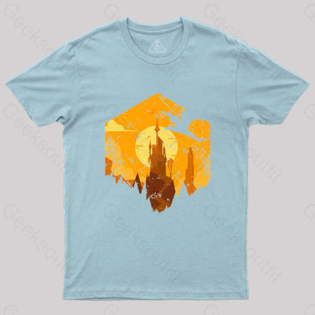Dragon Flying Over Tall Castle Sunset T-Shirt Light Blue / S