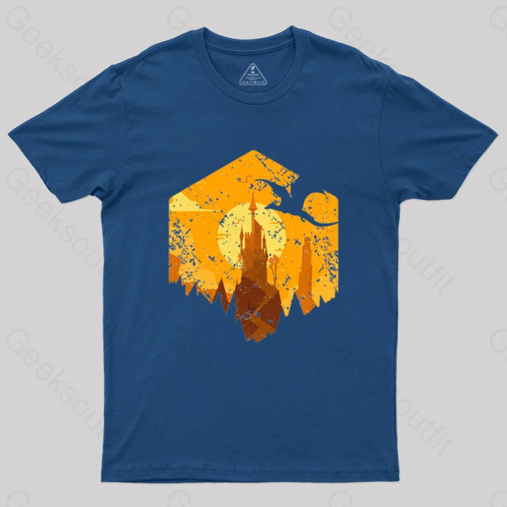 Dragon Flying Over Tall Castle Sunset T-Shirt Navy / S