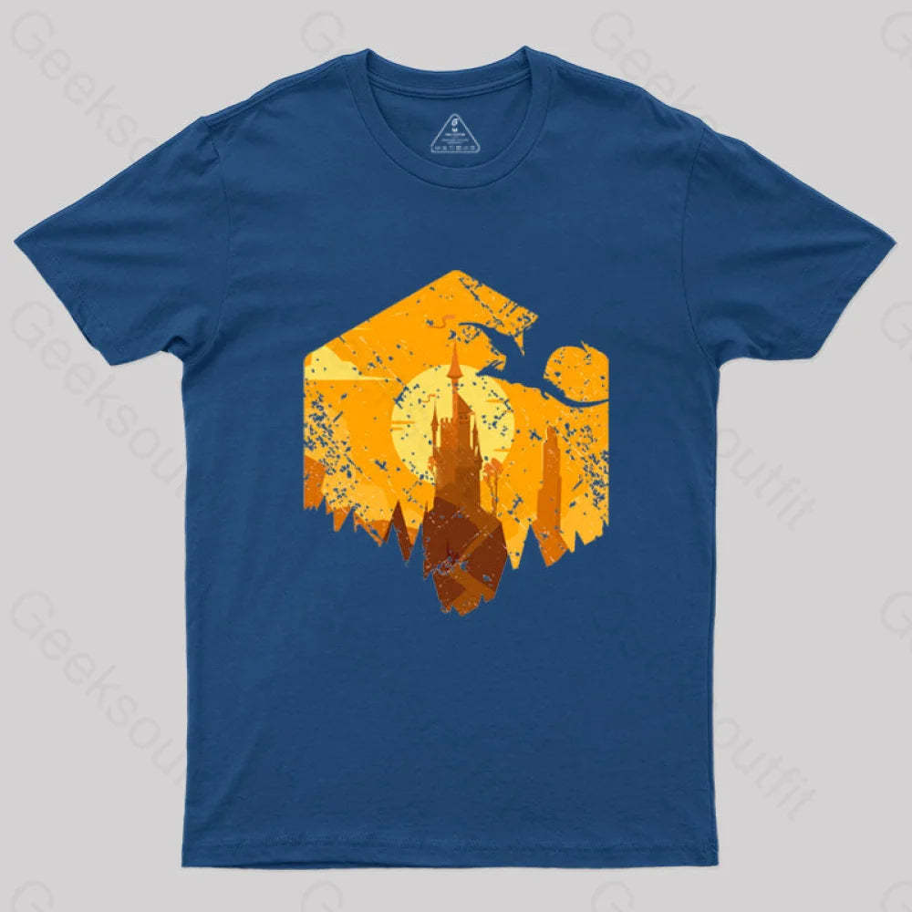 Dragon Flying Over Tall Castle Sunset T-Shirt Navy / S