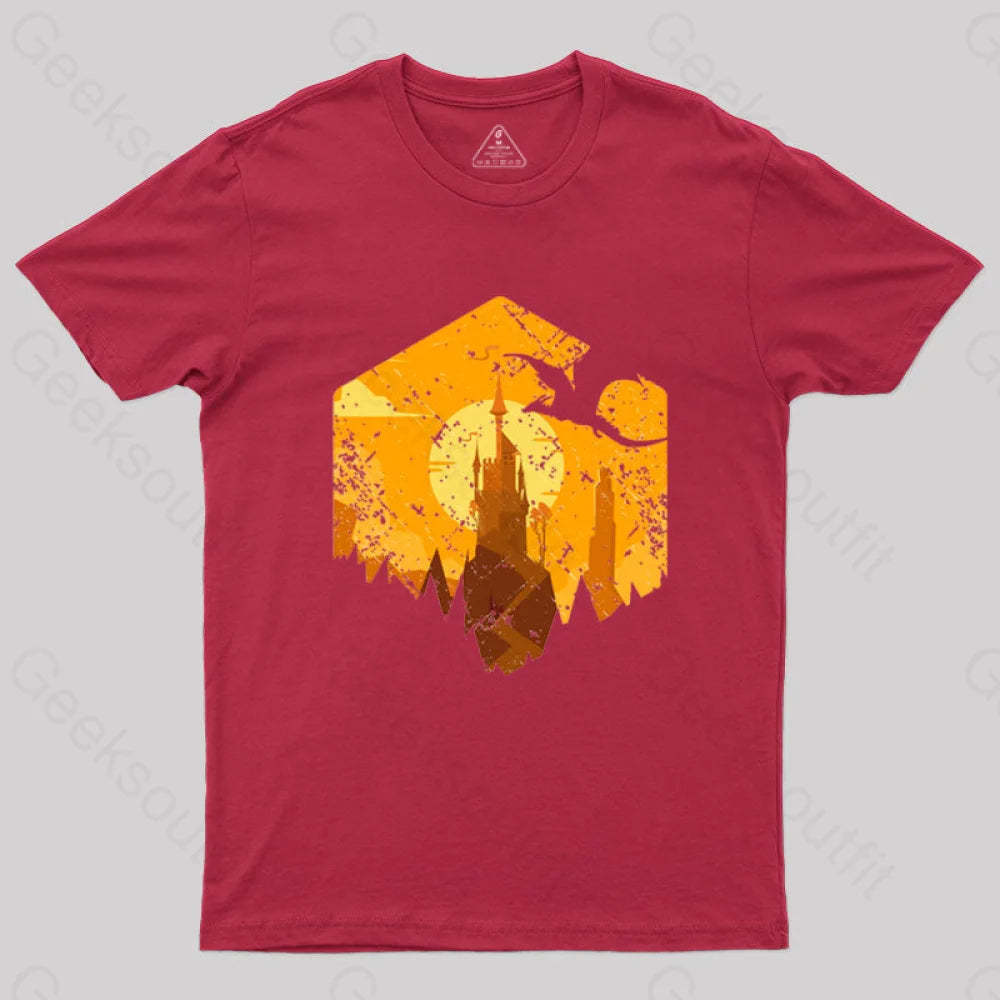 Dragon Flying Over Tall Castle Sunset T-Shirt Red / S