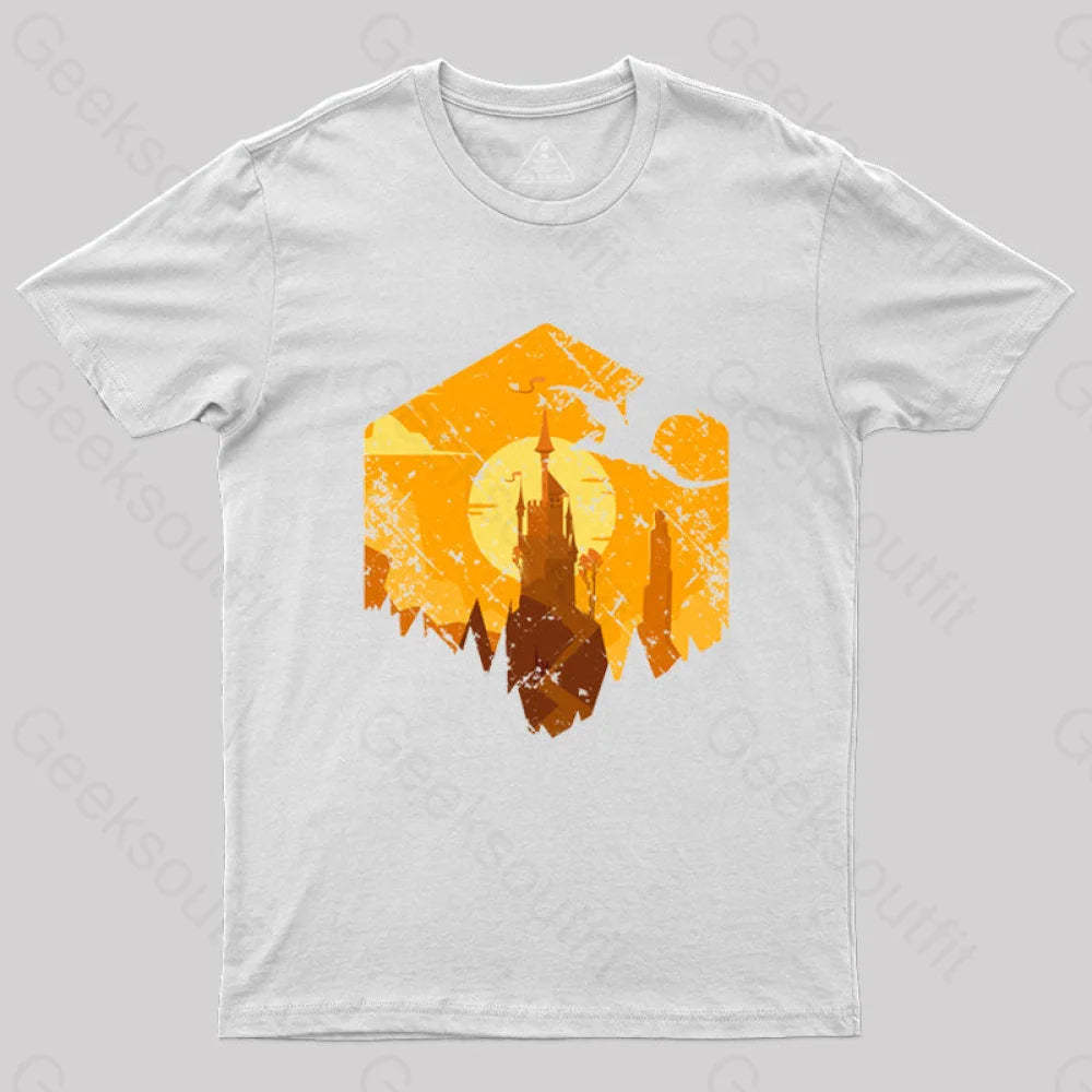 Dragon Flying Over Tall Castle Sunset T-Shirt White / S