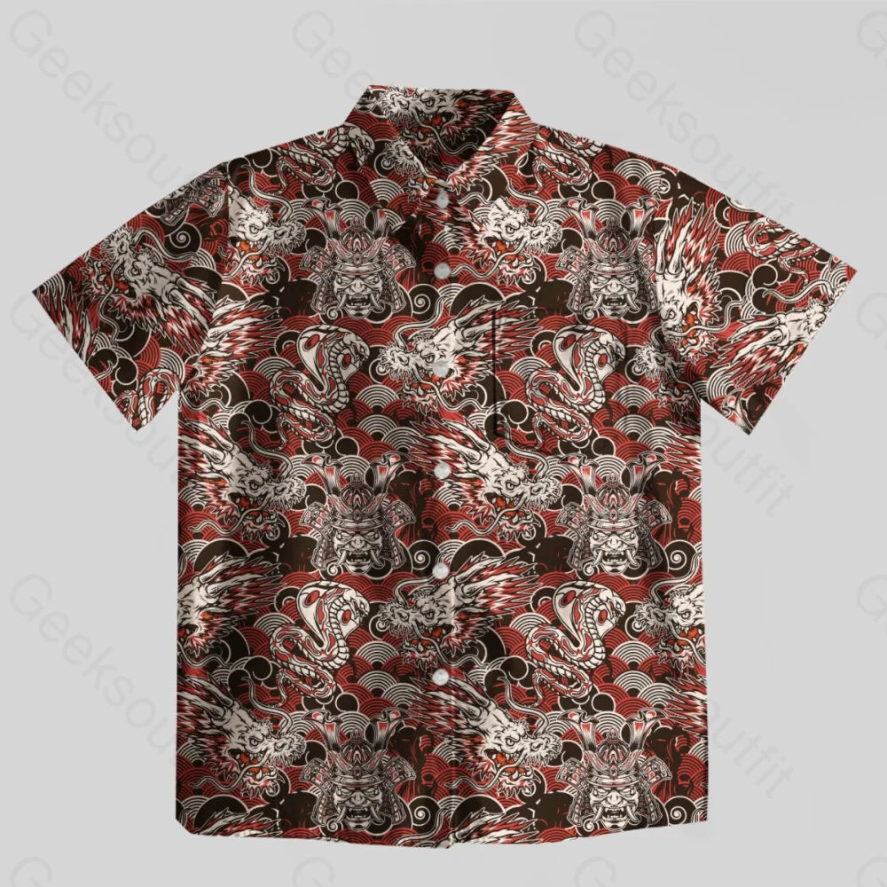 Dragon & Samurai Button Up Pocket Shirt - Geeksoutfit