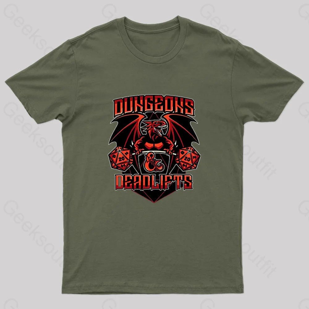 Dungeons And Deadlifts Nerd T-Shirt Army Green / S