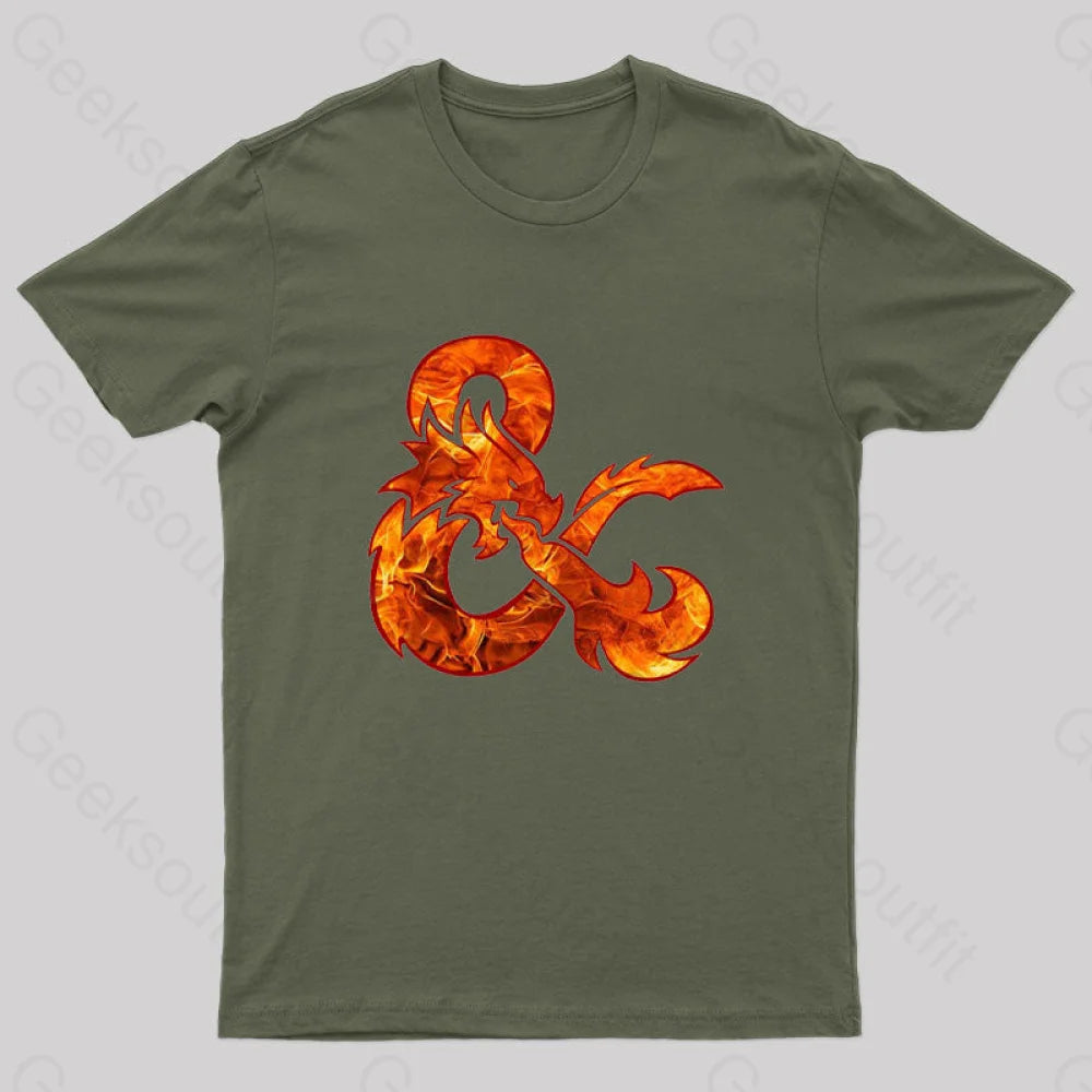 Dungeons And Dragons Fire Logo Nerd T-Shirt Army Green / S