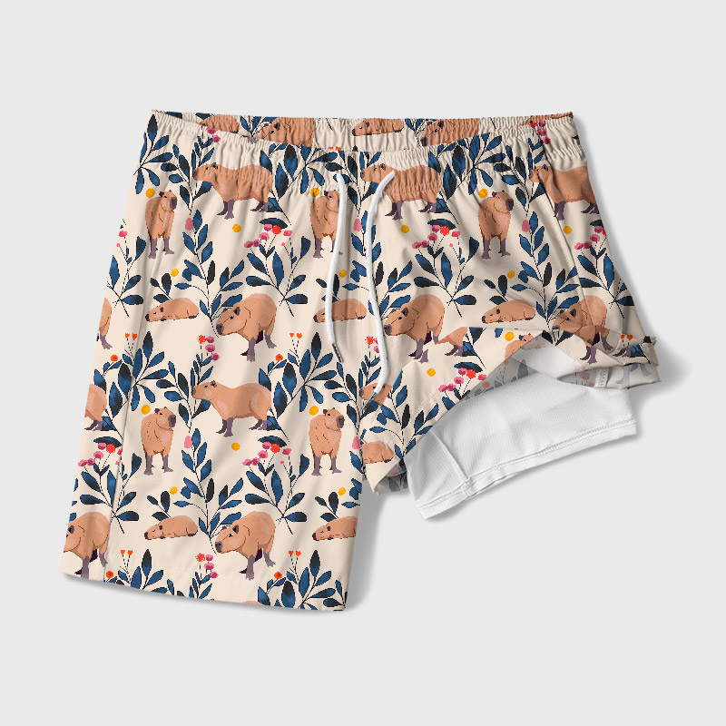 Capybara and Plants Geek Hawaiian Swim Trunks