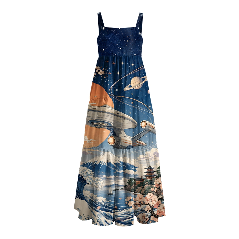 Great Wave Mount Fuji Space Starship Geek Tiered Cami Maxi Dress