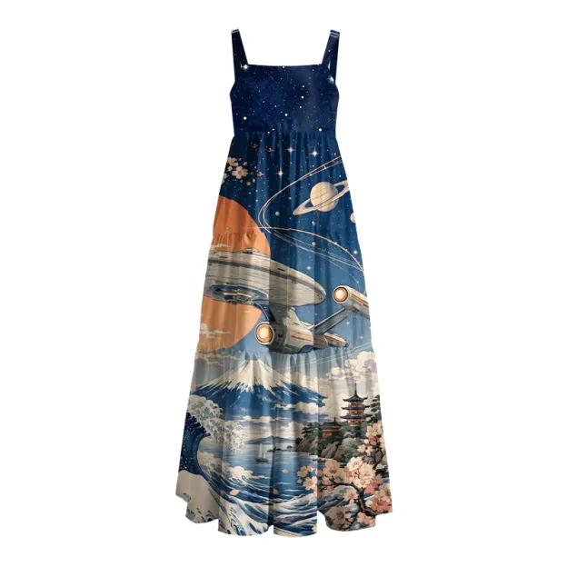 Great Wave Mount Fuji Space Starship Geek Tiered Cami Maxi Dress