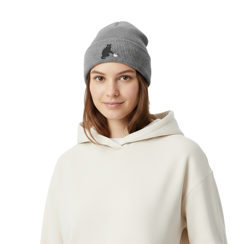 Playful Cat Geek Embroidered Beanie