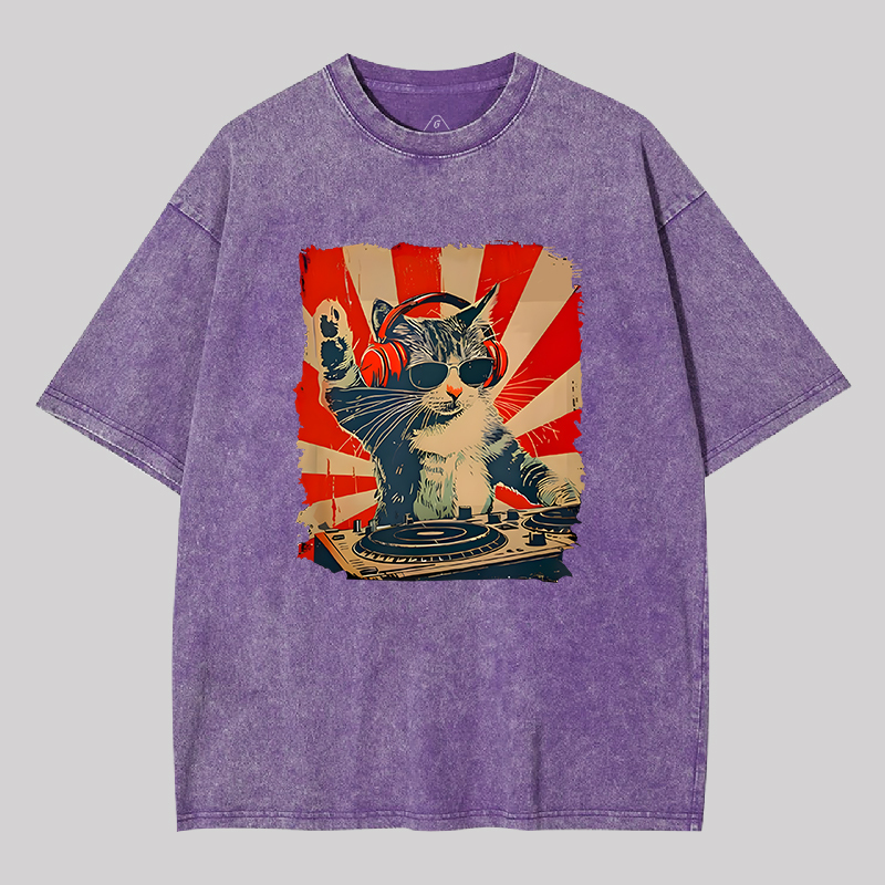 Rock Music Cat Vintage Geek Washed T-shirt