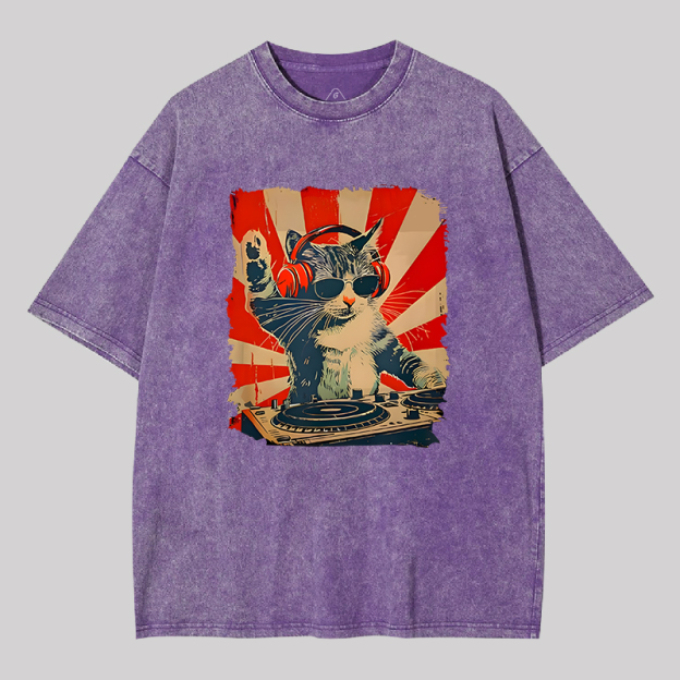 Rock Music Cat Vintage Geek Washed T-shirt