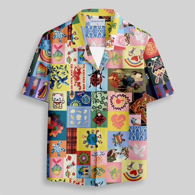 Global Folk Lucky Patchwork Collage Button Up Pocket Shirt