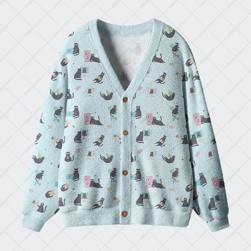 Working Cat Geek Ugly Cardigan Sweaters 