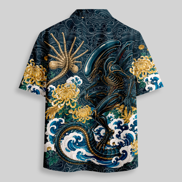 [Copy]Ocean Blue Sci-Fi Tropical Floral Tribal Print Button Up Pocket Shirt
