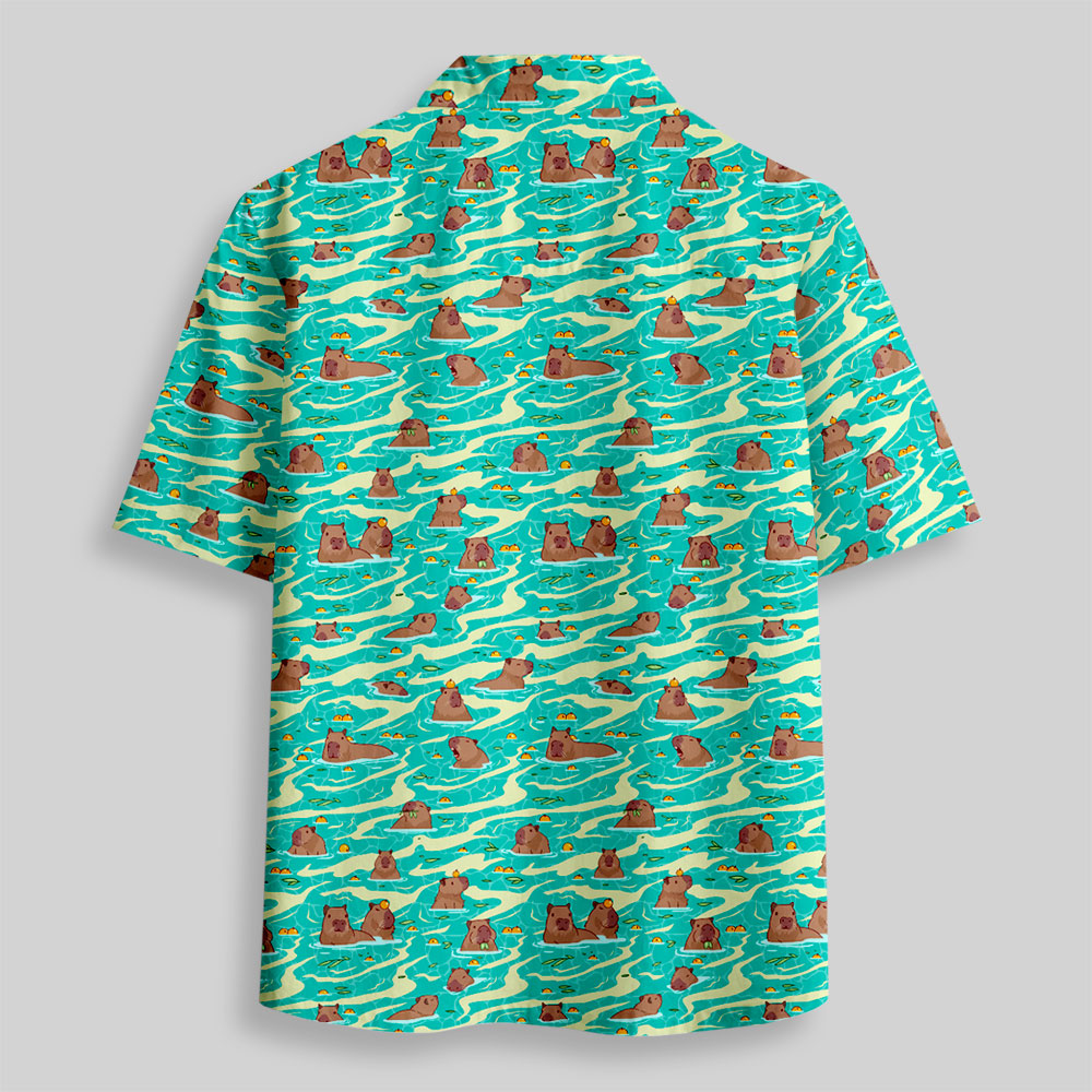 Capybara Swimming Hawaii Button Up Pocket Shirt