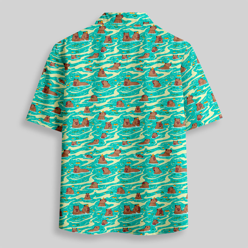 Capybara Swimming Hawaii Button Up Pocket Shirt