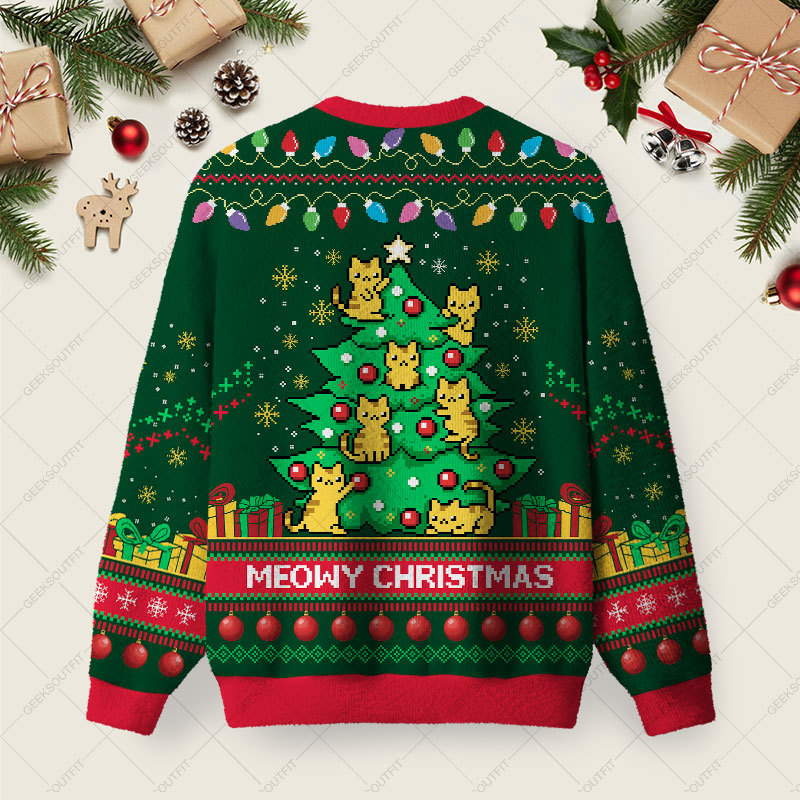 Meowy Christmas Ugly Christmas Fuzzy Fleece Sweatshirt