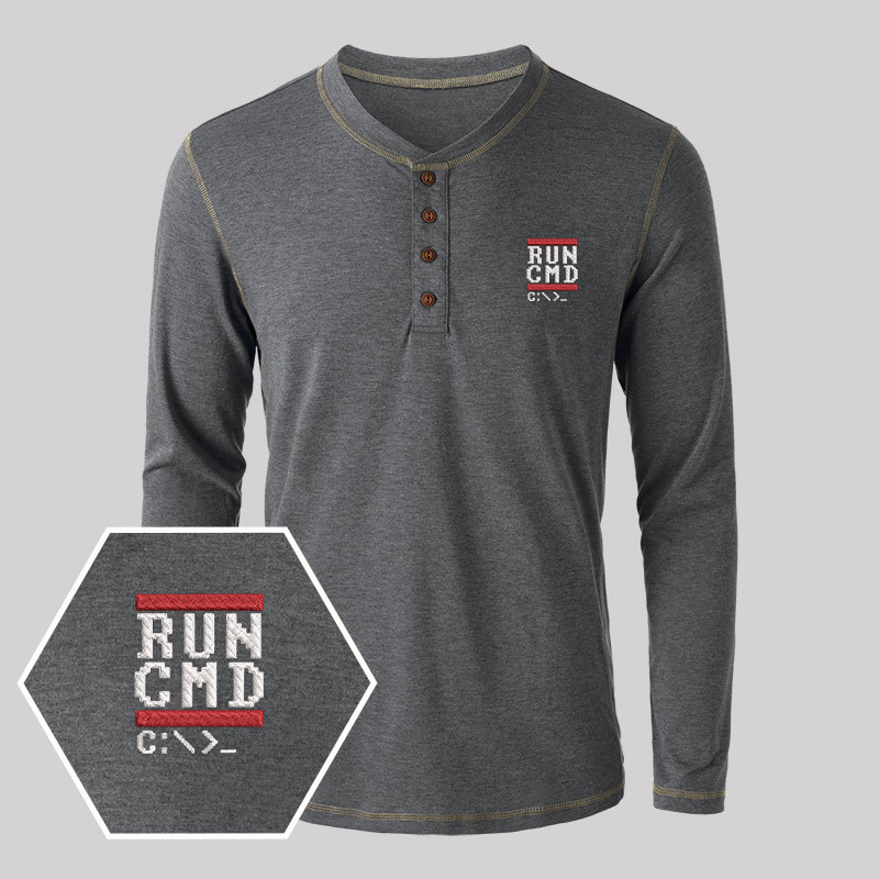 Run CMD Geek Embroidered Long Sleeve Henley Shirts