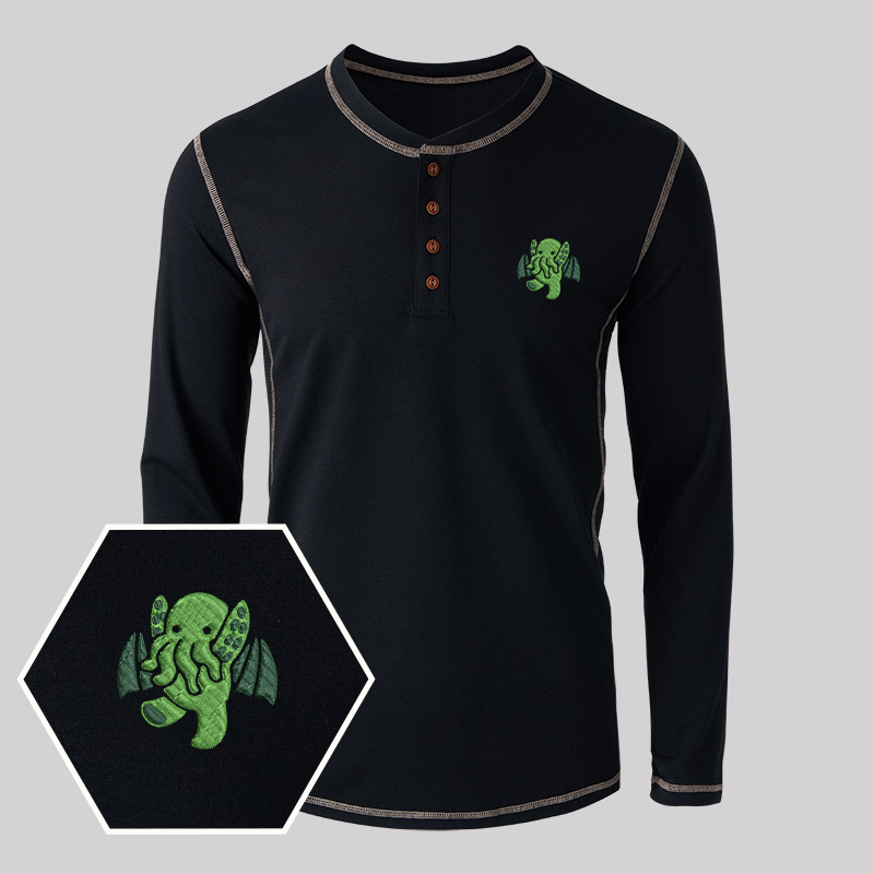 Cthulhu Geek Embroidered Long Sleeve Henley Shirts