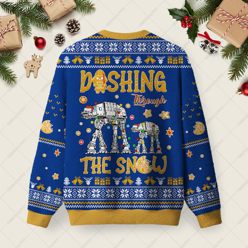 AT Walker Dashing Through The Snow Blue Ugly Christmas Fuzzy Fleece Sweatshirt