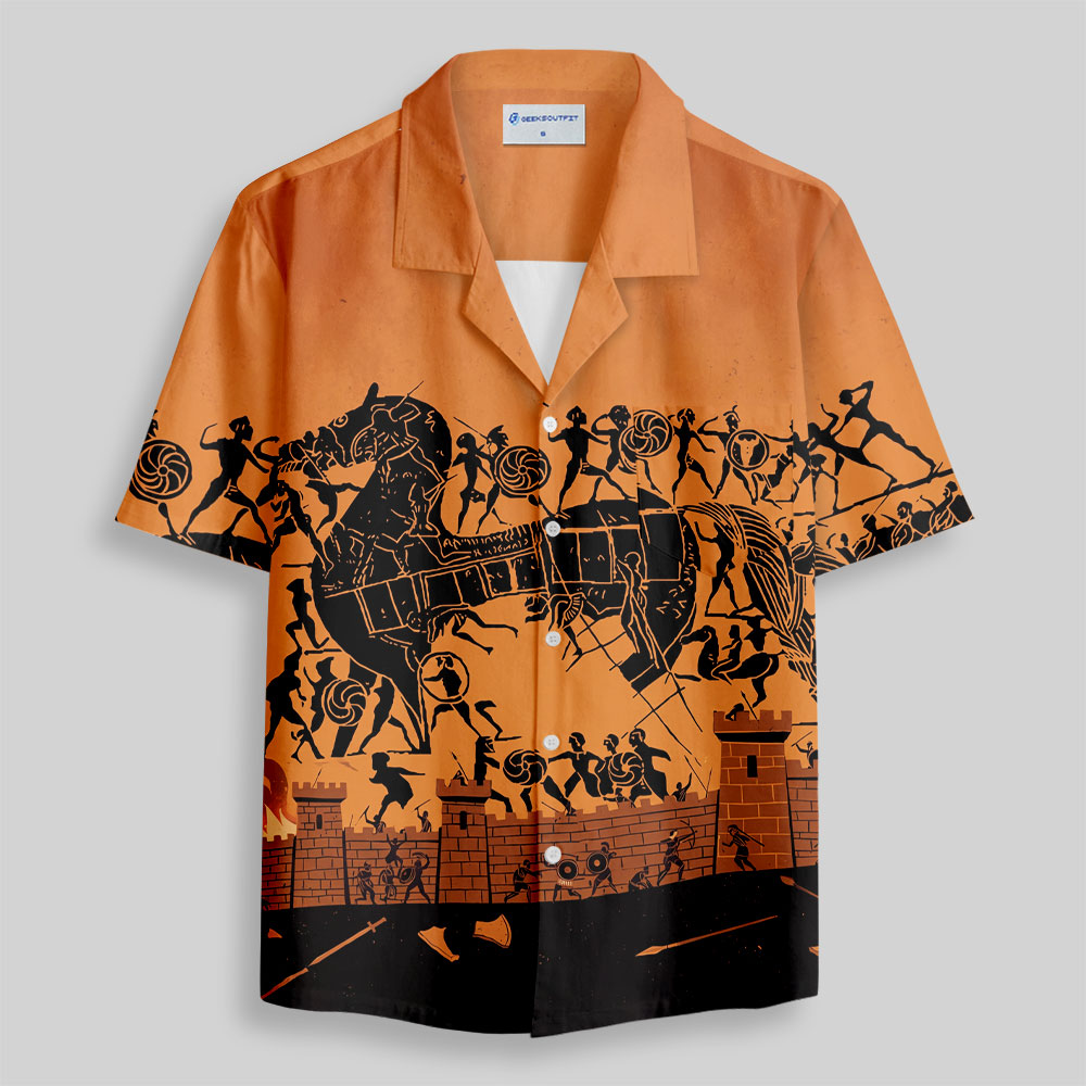 The Trojan Horse Epic War Cuban Button Up Pocket Shirt