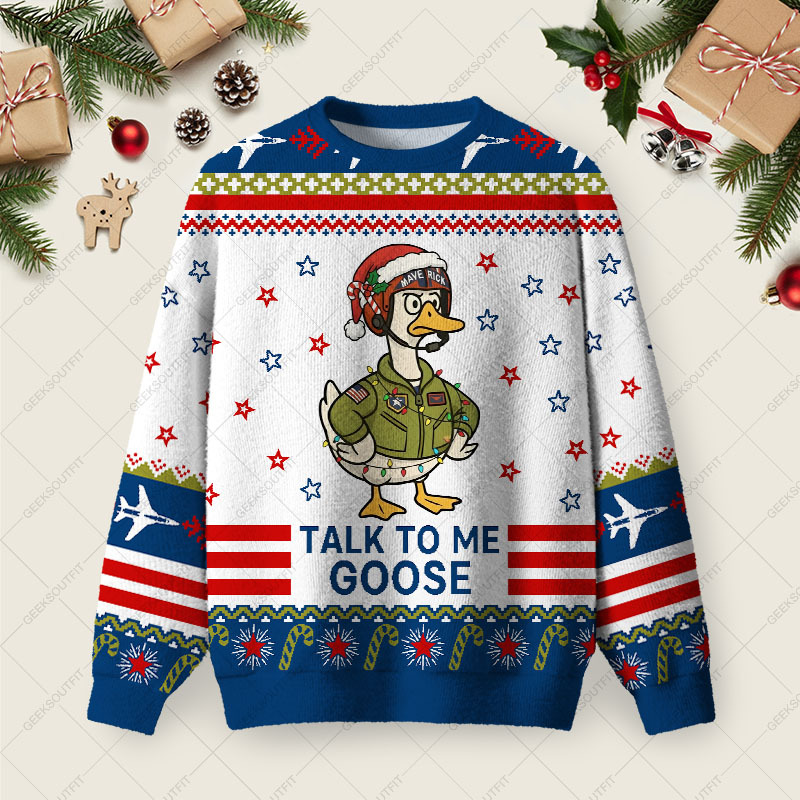 Geeksoutfit Talk to Me Goose Ugly Christmas Fuzzy Fleece Sweatshirt for Sale
