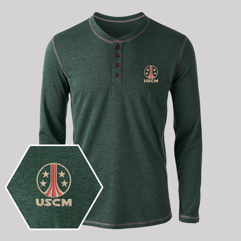 USCM Geek Embroidered Long Sleeve Henley Shirts