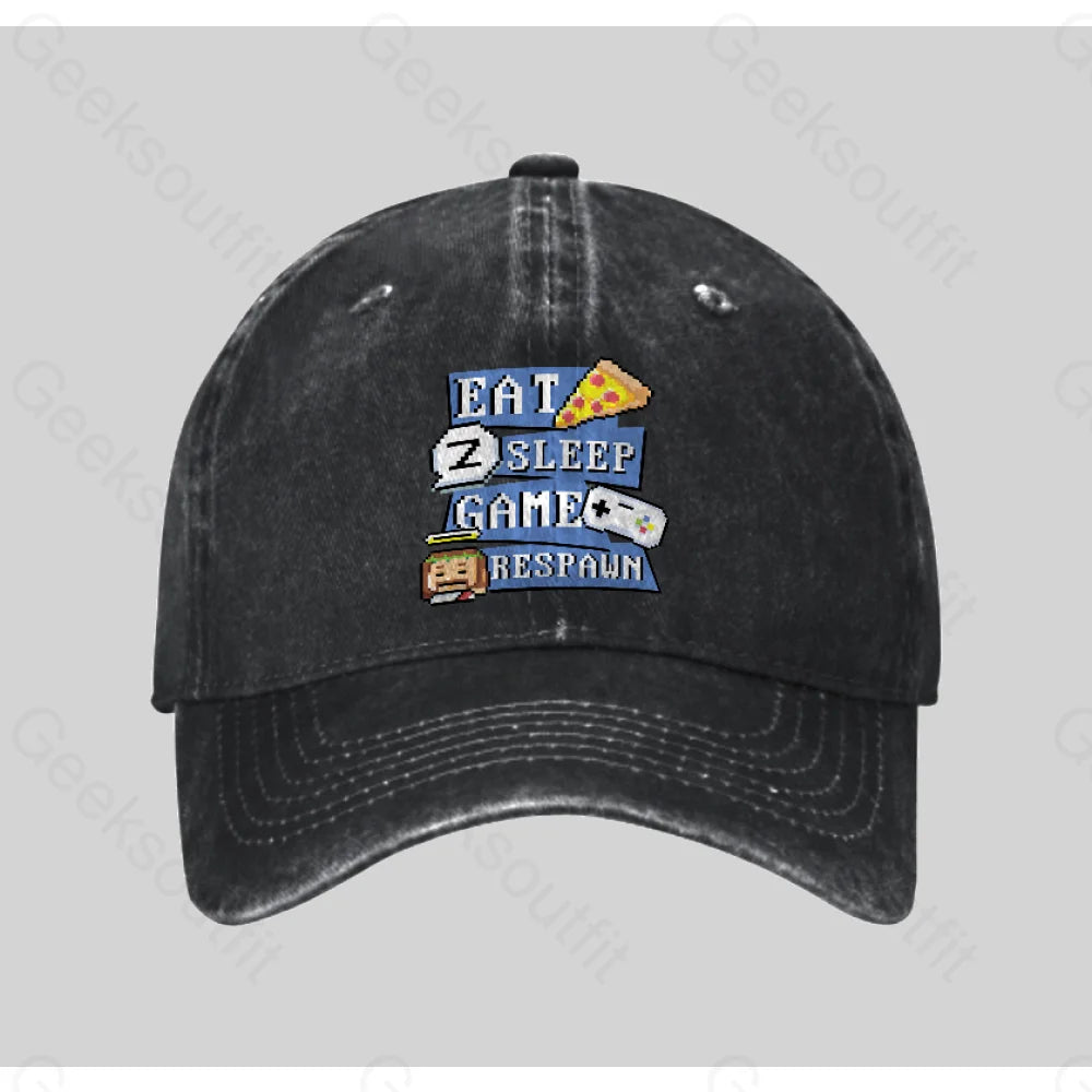 Eats Sleep Game Respawn Washed Vintage Baseball Cap Black