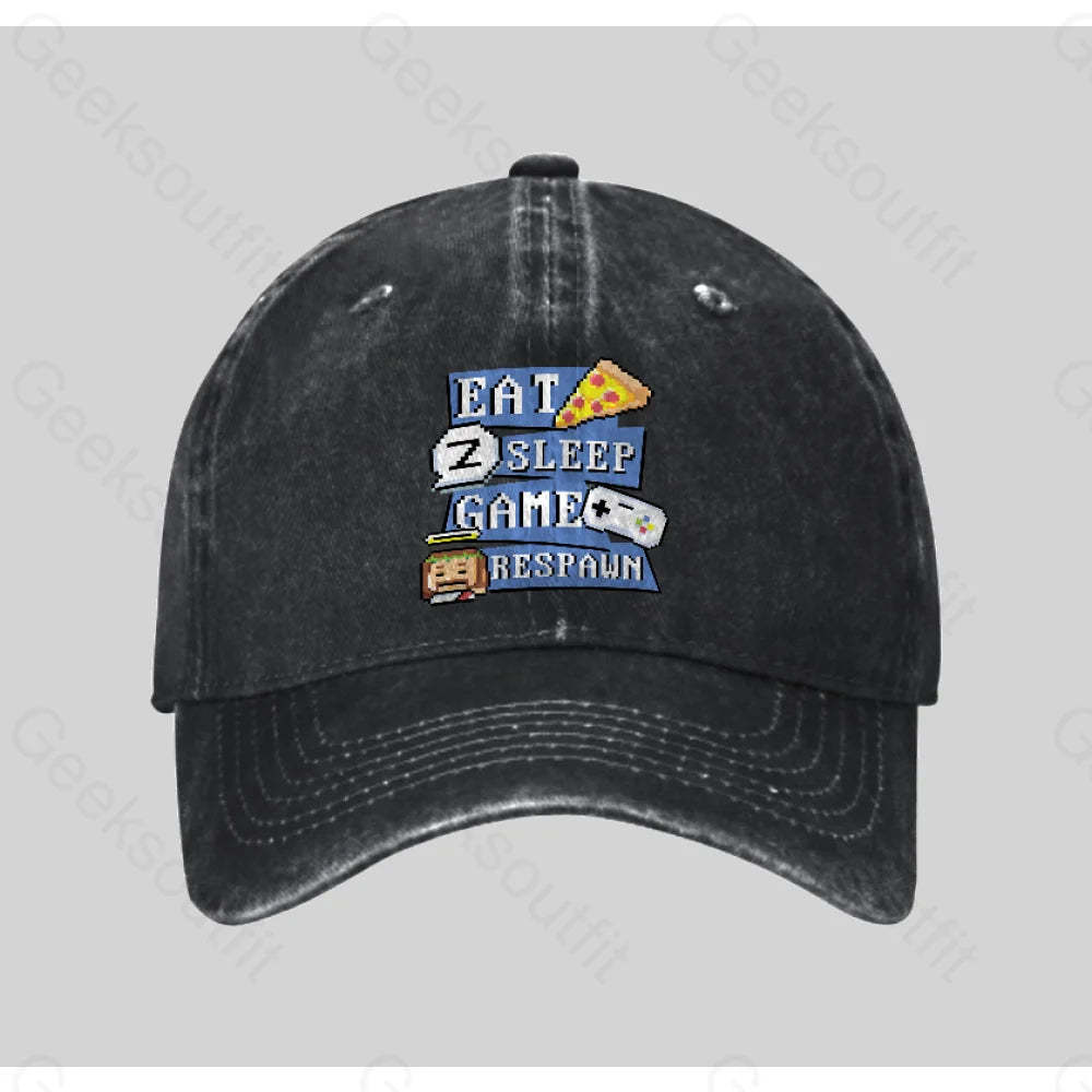 Eats Sleep Game Respawn Washed Vintage Baseball Cap Black