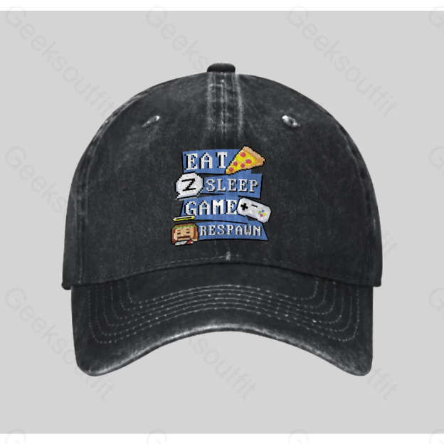Eats Sleep Game Respawn Washed Vintage Baseball Cap Black