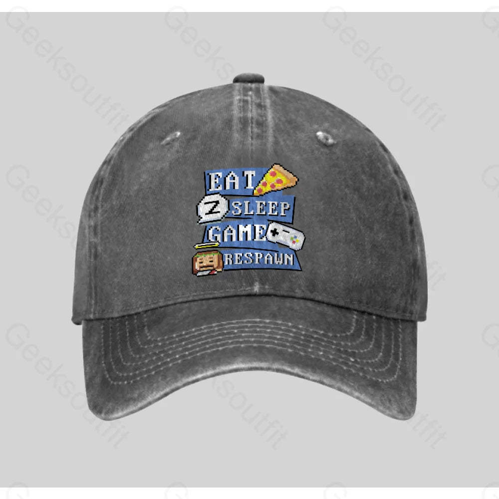 Eats Sleep Game Respawn Washed Vintage Baseball Cap Grey