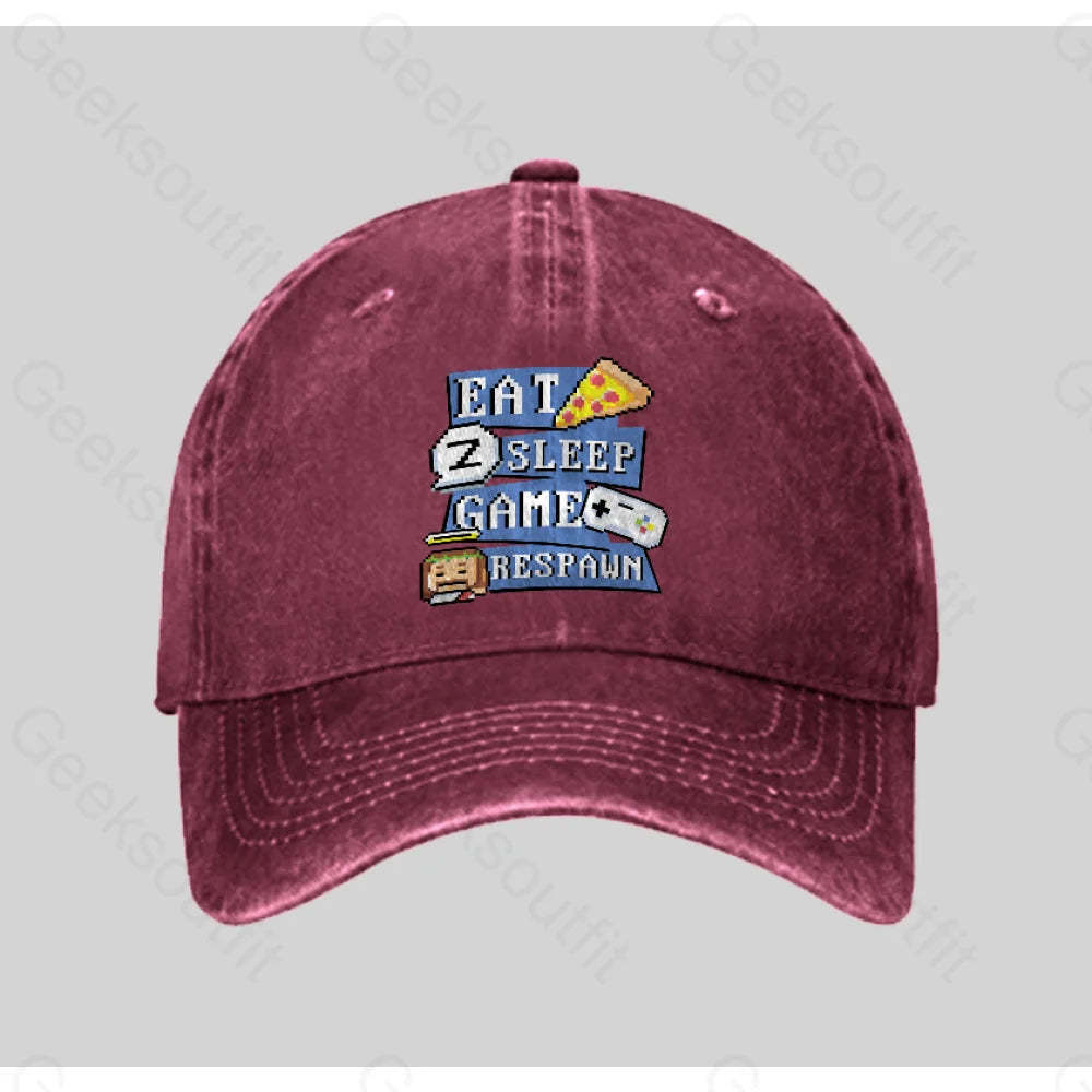 Eats Sleep Game Respawn Washed Vintage Baseball Cap Red