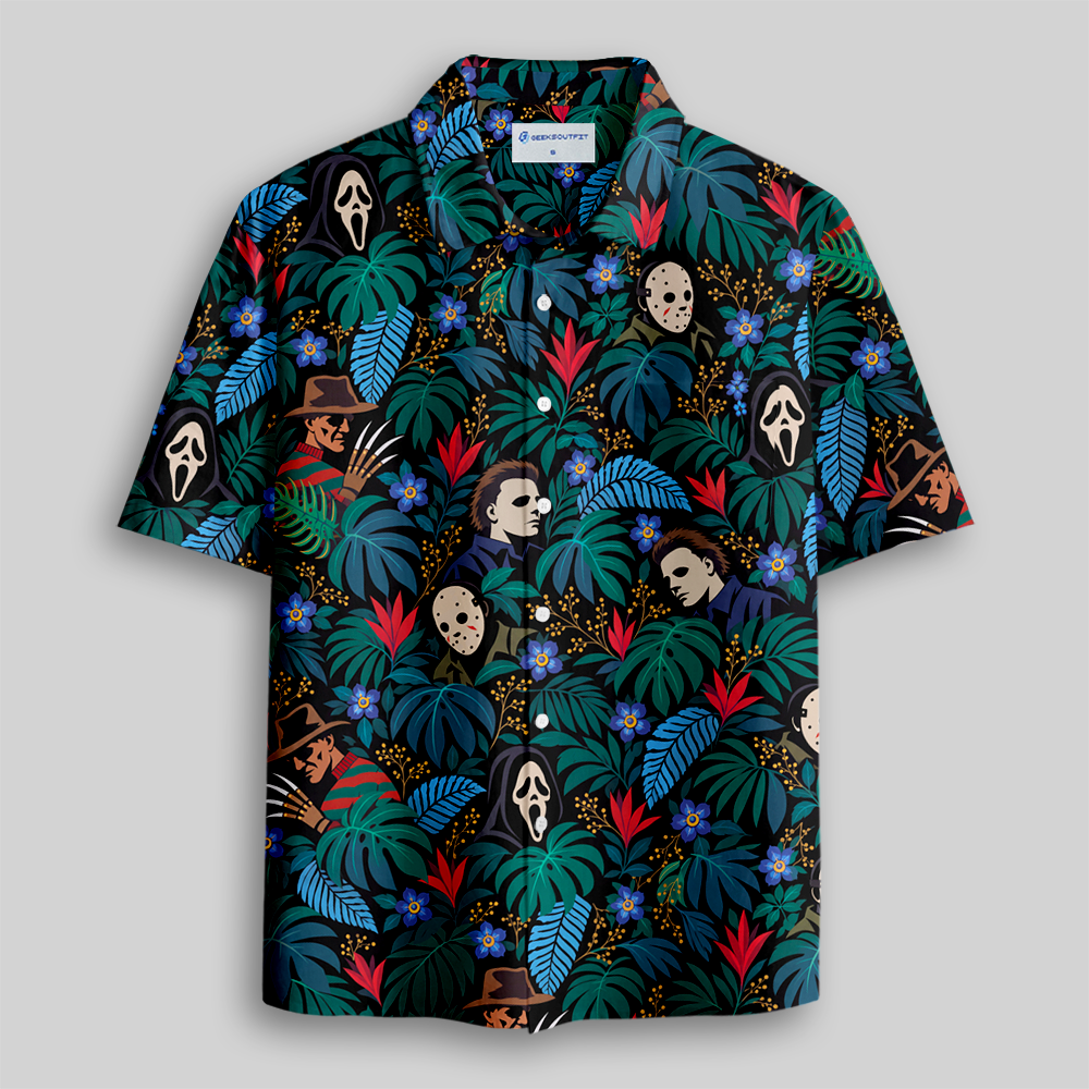 Tropical Horror Mask Graffiti Button Up Pocket Shirt