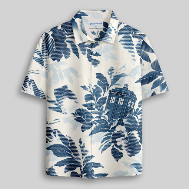 Blue Vintage Toile Fantasy Building Botanical Button Up Pocket Shirt