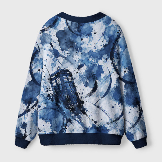 Blue Ink Swirl Vintage Kiosk Geek Ugly Cardigan Sweaters