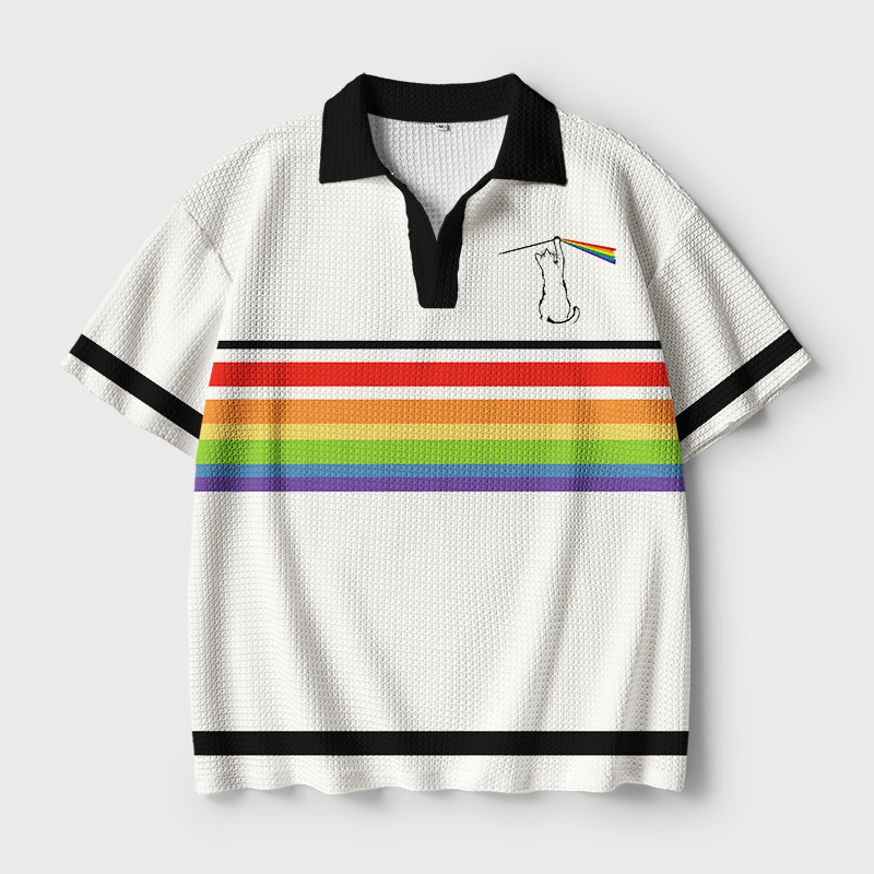 Minimal Cat Drawing Creates Colorful Rainbow Band Geek Crochet Polo Shirt