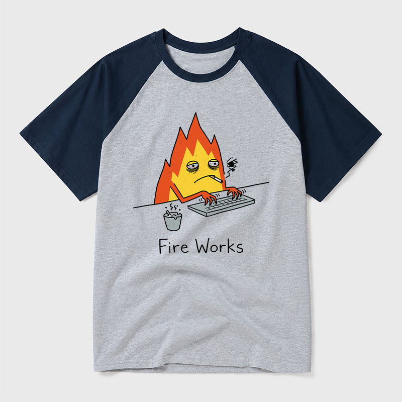 Fire Works Overworked Flame Geek Retro Raglan T-Shirt
