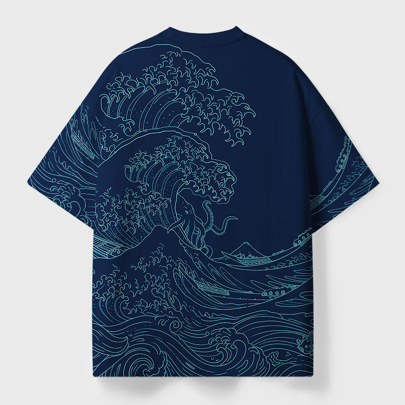The Great Wave Kraken Geek Eco Oversized Graphic Tees