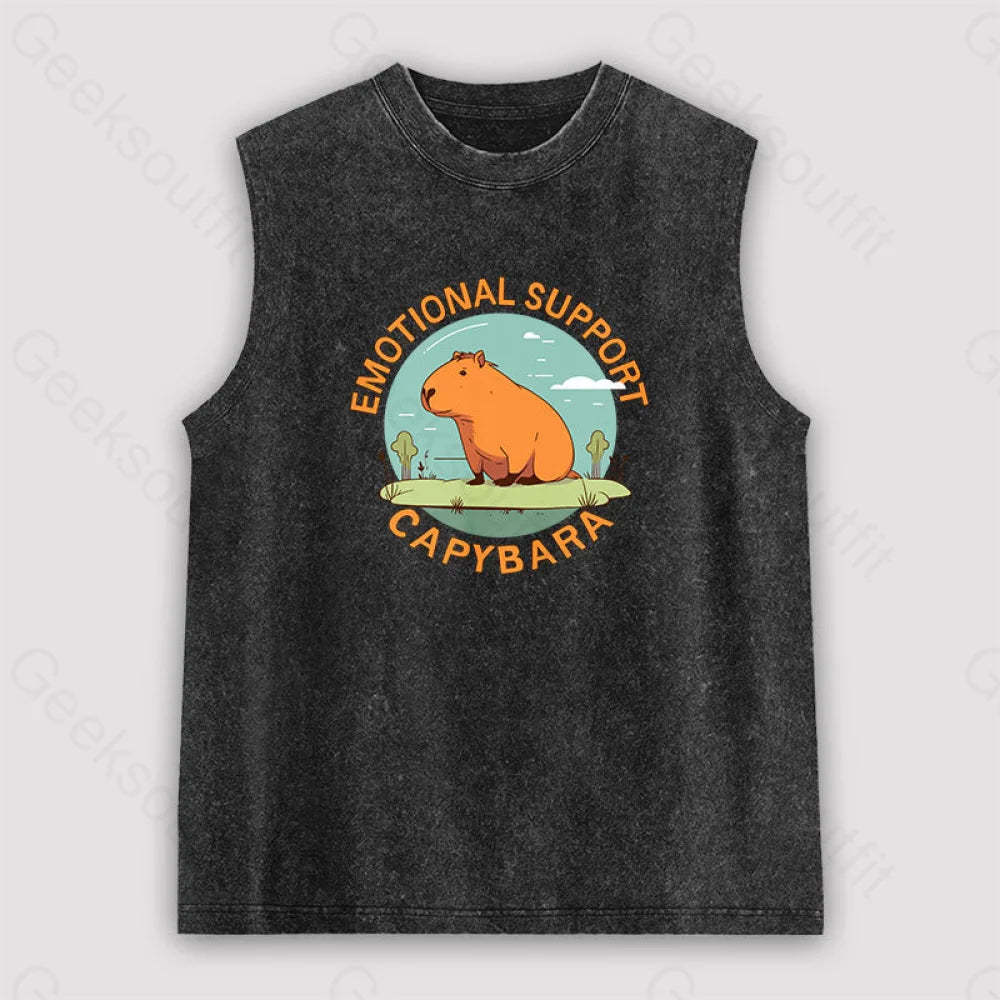 Emotional Support Capybara Unisex Washed Tank Black / S