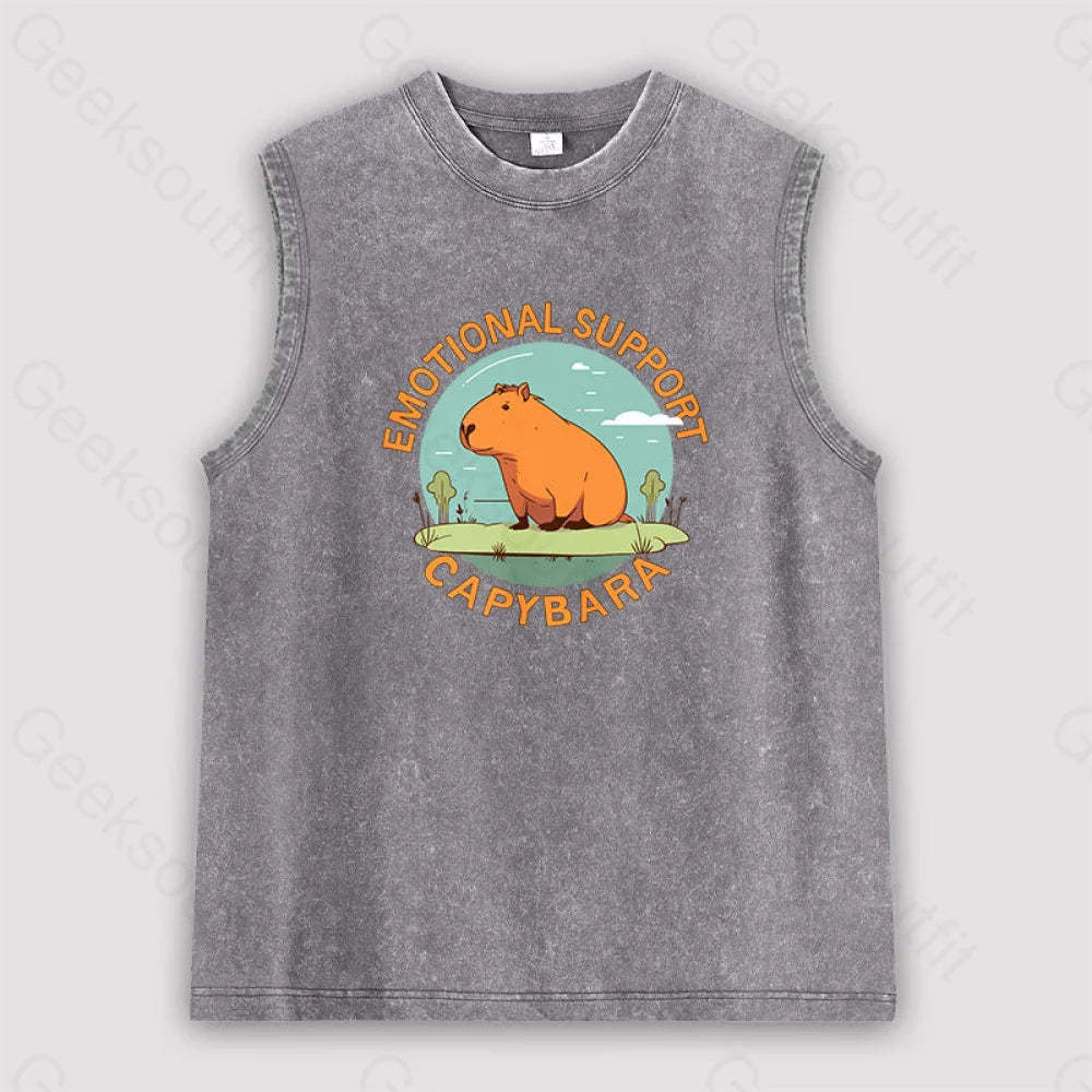 Emotional Support Capybara Unisex Washed Tank Grey / S