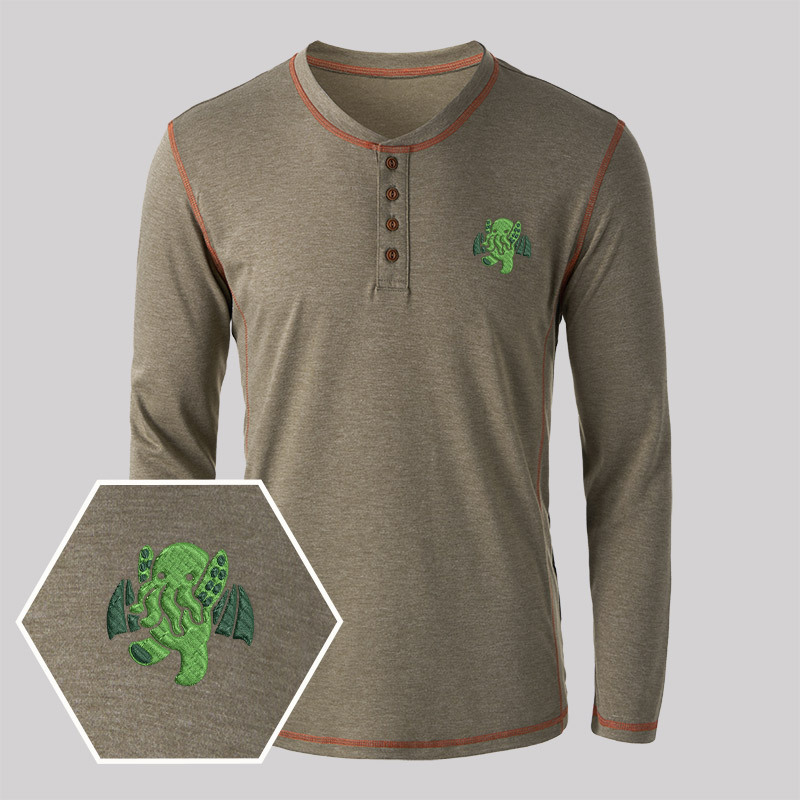 Cthulhu Geek Embroidered Long Sleeve Henley Shirts